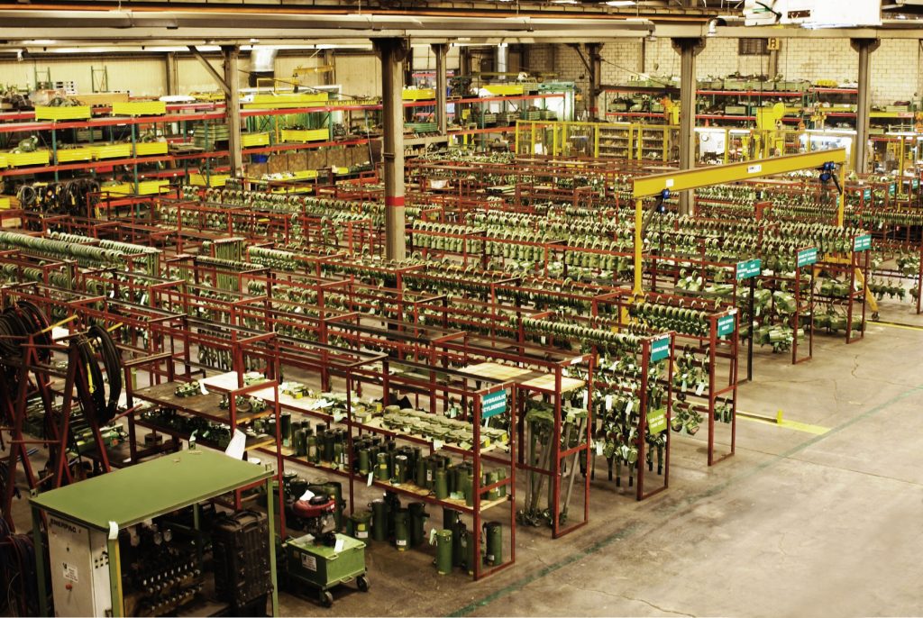 View of an LGH warehouse full of lifting and rigging equipment for rent.