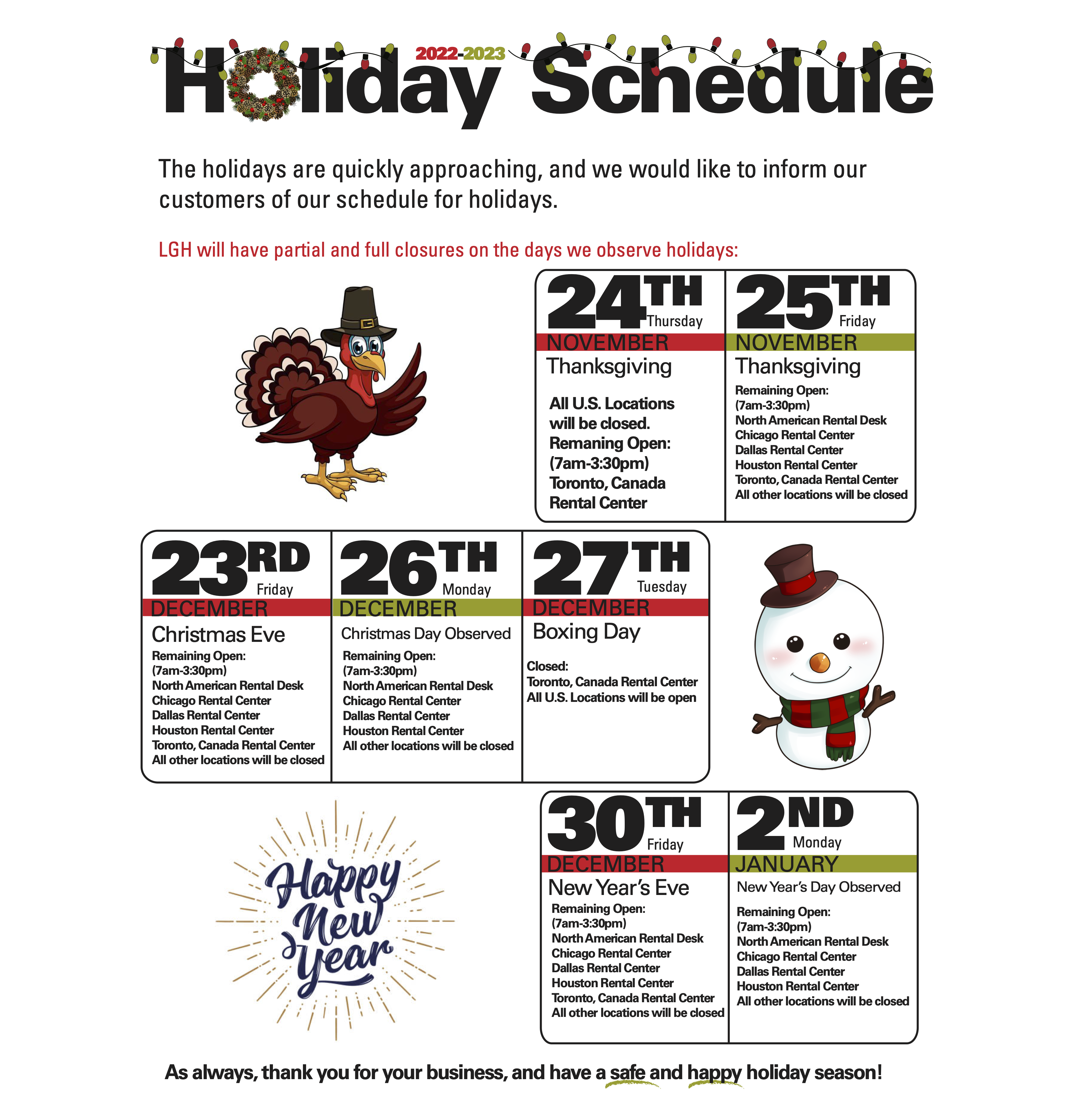 graphic describing LGH holiday business hours